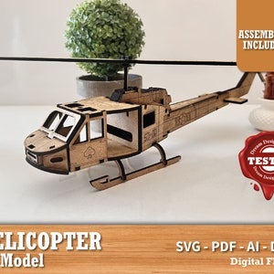 Elicottero Modello elicottero Taglio laser Display vettoriale Easy Cut, stoccaggio, display stand ritagliato File Dxf Svg per il piano del router CNC Glowforge Circut