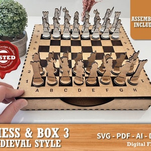 Chess and chess pieces Laser cut files v5 Wooden with Box Laser cut cnc vector template Laser pattern chess pieces pattern Chess board svg