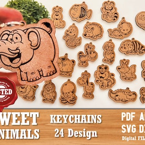 Animali Dolce Portachiavi Set di magneti bundle 24 design straordinario Modelli Svg di file tagliati al laser File Glowforge, incisione con taglio laser