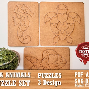 Meerestiere Holzpuzzle laser cut Puzzle Jigsaw Puzzle - Montessori Puzzle Tier Puzzle Lernspielzeug lehren svg pdf Ai