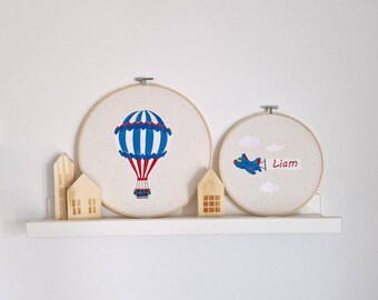 Juego de aro de bordado con nombre de bebé personalizado: decoración de guardería con globos aerostáticos