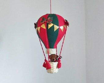 Christmas Hot Air Balloon with Bear: Red and Green Nursery Decor