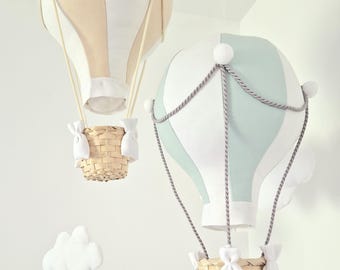 Hot Air Balloon Nursery Decor: Mint, Beige & White Set
