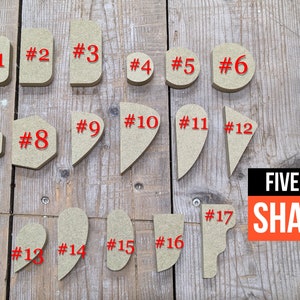 May include: A set of 17 wooden shapes numbered 1 through 17. The shapes are arranged in three rows on a wooden surface. The text "FIVE NEW SHAPES" is visible in the bottom right corner of the image.