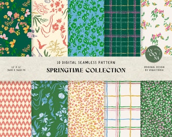 Emerald Green Floral Digital Paper: Spring Seamless Pattern (Commercial Use)