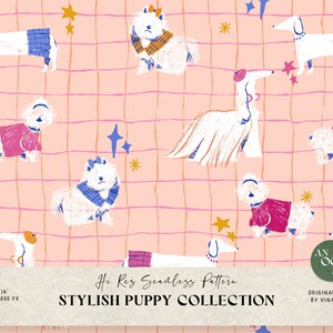 May include: A seamless pattern featuring a variety of dogs wearing stylish outfits. The dogs are white and are set against a pink and white checkered background. The pattern includes stars and other decorative elements.