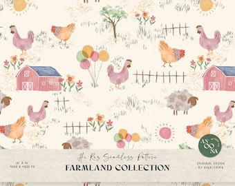 May include: A seamless pattern featuring a watercolor illustration of a farm scene with chickens, sheep, a red barn, fences, flowers, and balloons. The background is a light cream color.