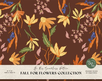 May include: A seamless pattern featuring a variety of fall flowers in shades of yellow, orange, and pink on a brown background. The pattern includes small clusters of berries and leaves. The text "Hi Res Seamless Pattern" and "FALL FOR FLOWERS COLLECTION" is at the bottom of the image.