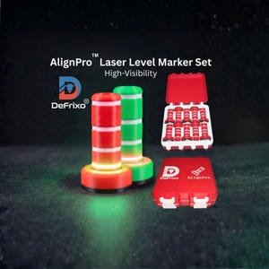 May include: A laser level marker set with the text "AlignPro" and "High-Visibility". The set includes red and green markers, and a red case containing several markers. The DeFrixo logo is also visible.