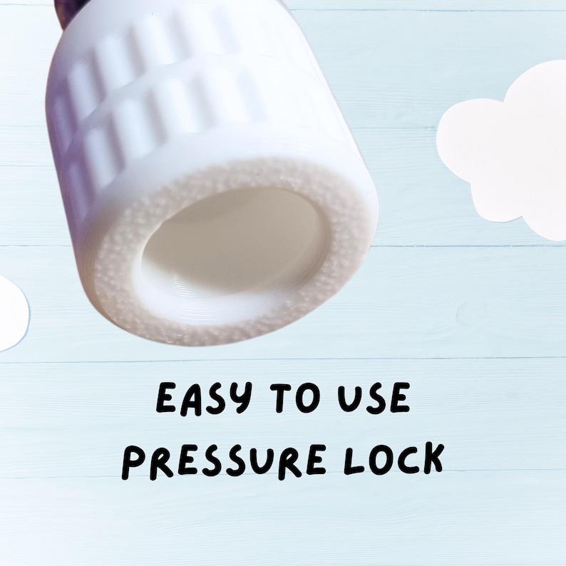 Pu&ograve; includere: Un oggetto cilindrico bianco con un bordo strutturato e un'apertura centrale. Il testo "EASY TO USE PRESSURE LOCK" &egrave; visualizzato in nero, in grassetto, sotto l'oggetto. Lo sfondo &egrave; azzurro.