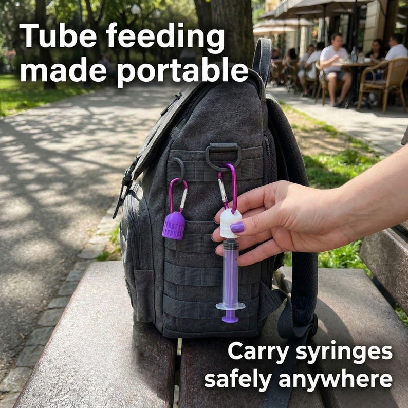 Pu&ograve; includere: Uno zaino grigio con dettagli viola e argento, progettato per il trasporto di forniture mediche. L'immagine mostra una siringa viola e un tappo viola attaccati allo zaino con moschettoni. Il testo sull'immagine recita "Tube feeding made portable" e "Carry syringes safely anywhere."
