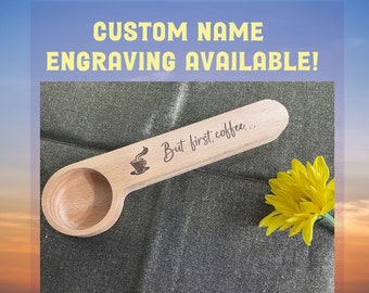 Personalized Coffee Scoop Bag Clip for Coffee Lover Gift, Custom Engraved Wooden Coffee Measure Spoon for Coffeeholic Coworker or Friend