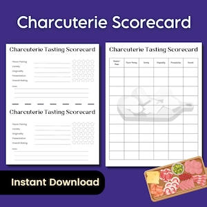 Proeverij-scorekaart charcuterie, wijn- en kaasfeest proeverijspel, leuk gezelschapsspel of virtueel proeverijjournaal voor het beoordelen van eten