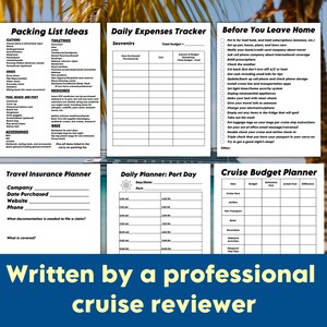 Sample pages from ultimate cruise planner printable and a palm tree and ocean background