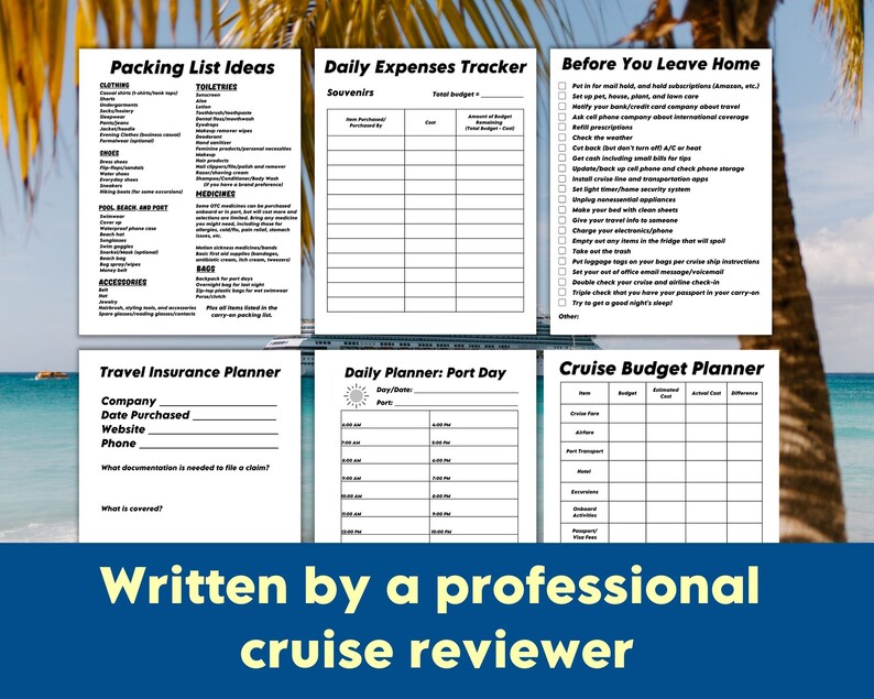 Sample pages from ultimate cruise planner printable and a palm tree and ocean background
