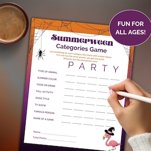 以下が含まれることがあります： 紫とオレンジのグラデーションの背景を持つSummerween Categories Gameのゲームシート。ゲームシートには、「動物の種類」や「夏のカラー」などのカテゴリーが含まれています。手がペンを持っていて、答えを書く準備ができています。