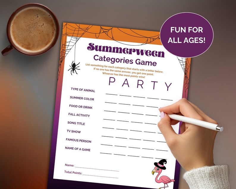 以下が含まれることがあります： 紫とオレンジのグラデーションの背景を持つSummerween Categories Gameのゲームシート。ゲームシートには、「動物の種類」や「夏のカラー」などのカテゴリーが含まれています。手がペンを持っていて、答えを書く準備ができています。