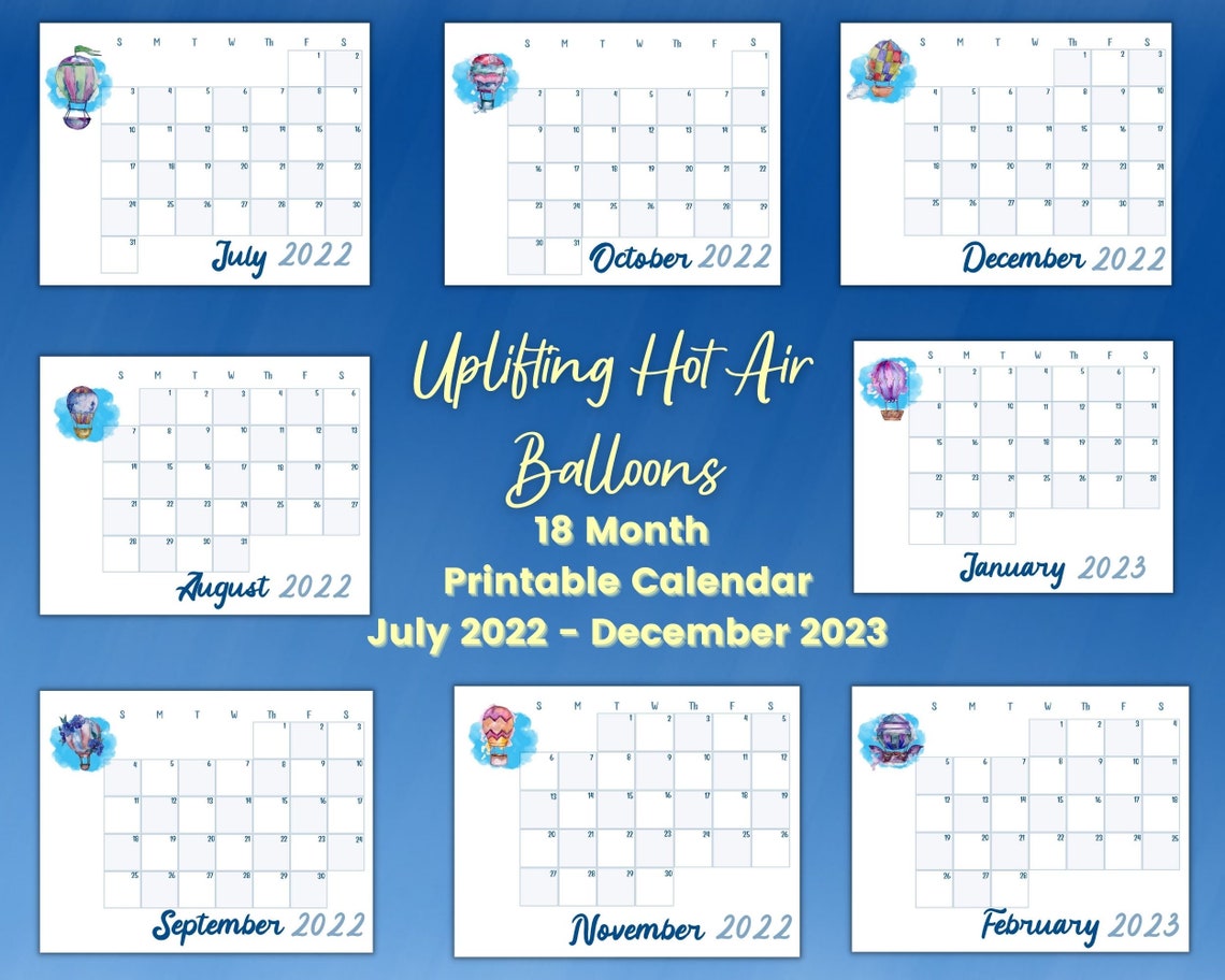 Hot Air Balloon Printable Calendar 18 Month July 2022 dec 2023 Etsy