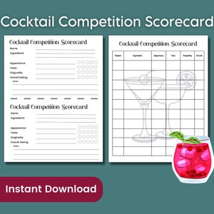Scheda punteggio degustazione competizione cocktail, volo degustazione bevande miste, gioco happy hour cocktail party, gioco party drink mixology