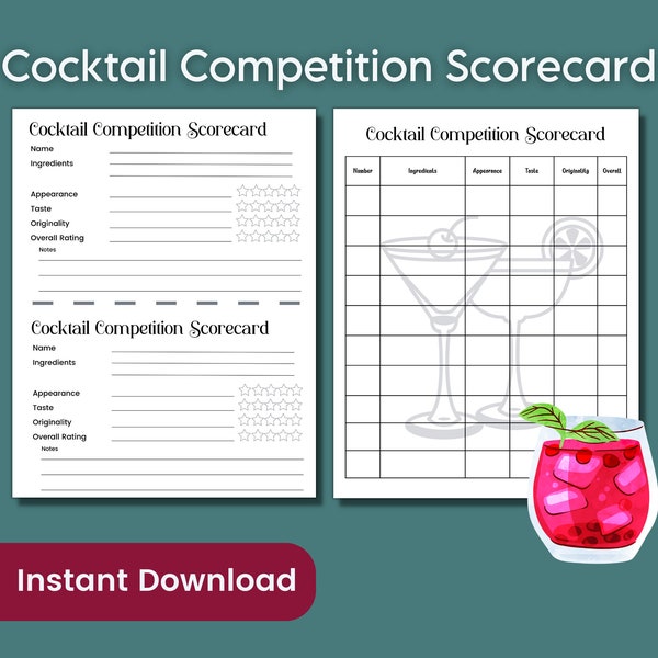 Cocktail Competition Tasting Score Card, Mixed Drink Tasting Flight, Cocktail Party Happy Hour Game, Mixology Drinking Party Game