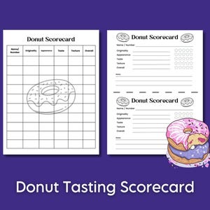 Cartão de pontuação do concurso de teste de sabor de donuts, jogo de comida para a família para adolescentes, planilhas de pontuação para festa de degustação de donuts para quebra-gelo do escritório
