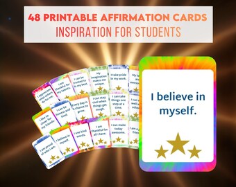 May include: A collection of 48 printable affirmation cards for students. The cards feature colorful designs and positive affirmations such as "I believe in myself." The cards are designed to inspire and encourage.