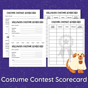 コスチュームコンテストスコアカード、ハロウィンパーティー審査員スコアカード、特別イベントやコンベンション、秋祭り用のコスプレスコアリング印刷物