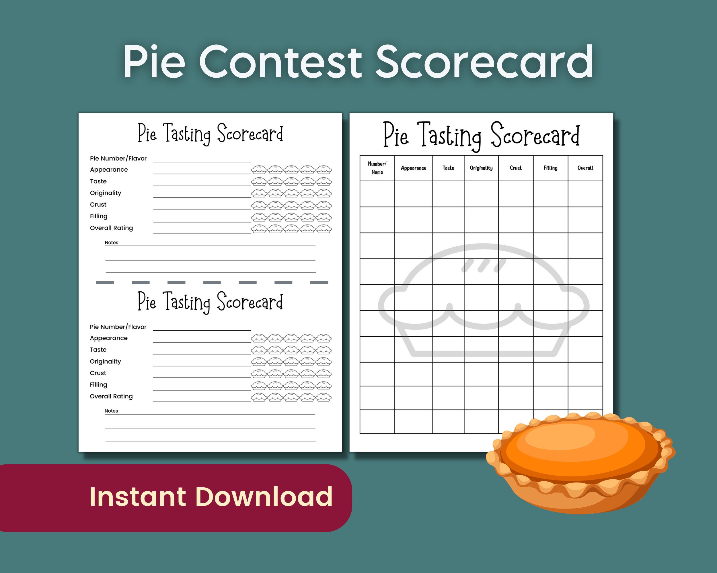 Pie Tasting Score Card Best Apple Pie Contest Scorecard County Fair 