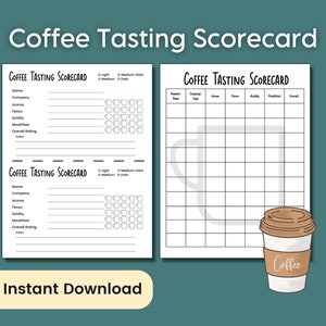 Carte de pointage Notes de dégustation de café, Dégustations de café à imprimer, Dégustation virtuelle amusante pour un jeu d'échantillons de café avec des amis