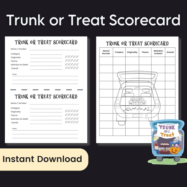 Trunk or Treat Score Card, Halloween Party Contest Judges Scorecard, Fall Festival Trick or Treat Gathering Community Event or Block Party