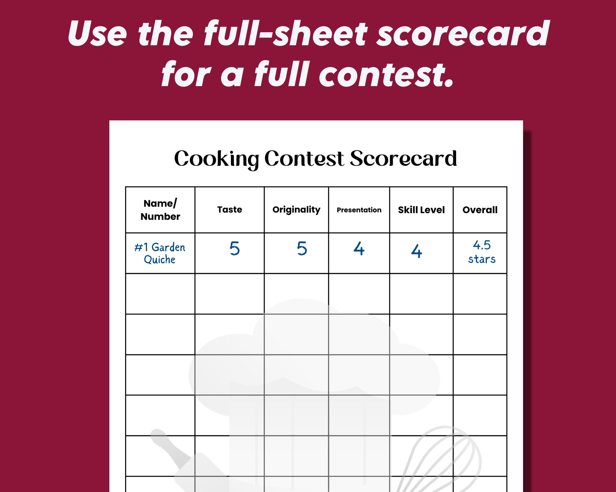 Cooking Contest Score Card Cookoff Party Food Tasting Game Food