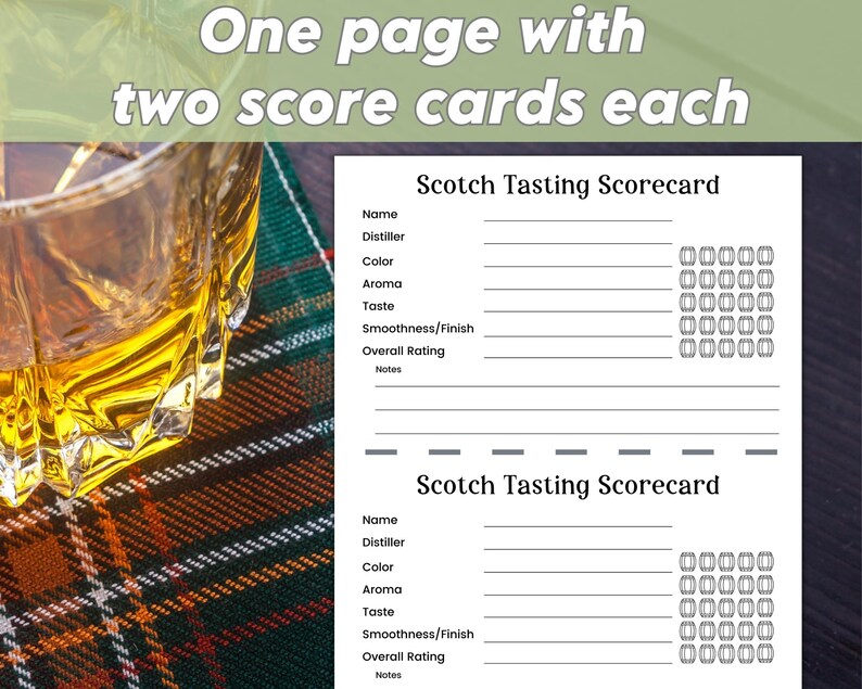 Scotch Tasting Score Card, Scotch Flight Whiskey Tasting Scorecard for