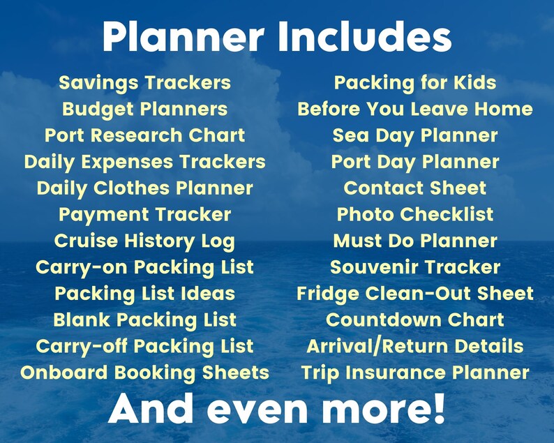 List of some of the sheets included in the cruise ship planner bundle