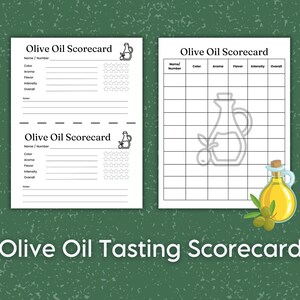 Cartão de pontuação de degustação de azeite de oliva, notas de teste de sabor para variedades de EVOO, jogo de festa de comida italiana, planilha de voo de degustação digital, confronto de óleo infundido
