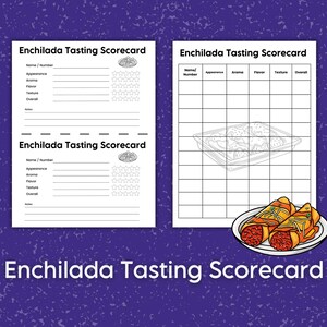 Enchilada-proeverijscorekaart, scorekaart Mexicaanse gerechten, proefnotities, leuk happy hour-spel of virtuele proeverij voor Cinco De Mayo Party Food