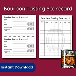 Bourbon-proeverijscorekaart, Bourbon Flight Whisky-proeverijscorekaart voor Bourbon Trail-proefnotities of virtueel happy hour-spel