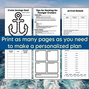 The wake from a cruise ship in the background with sample cruise planner pages in the foreground