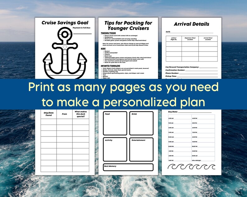 The wake from a cruise ship in the background with sample cruise planner pages in the foreground
