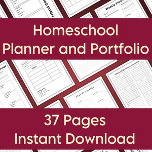 Homeschool Planner Printable and Home Education Portfolio with Planning Pages, Transcript, Report Card, Educational Material Tracking