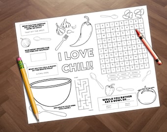 チリ料理コンテストアクティビティプレイスマット - 子供向けぬり絵ゲーム（PDF印刷可能）