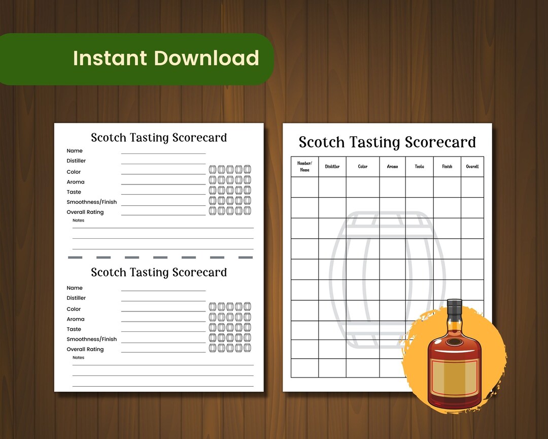 Scotch Tasting Score Card, Scotch Flight Whiskey Tasting Scorecard for