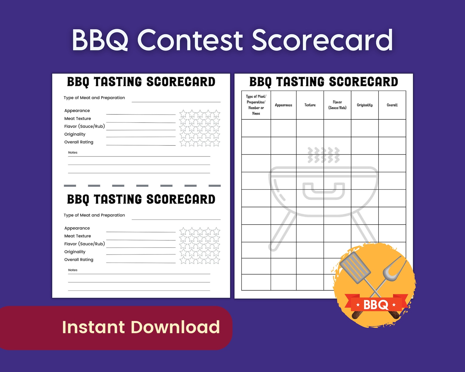 BBQ Tasting Score Card, Barbecue Cookoff Party Food Tasting Game, Food