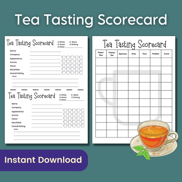 Tea Tasting Score Card, Tea Party Games Tea Party Printable Tasting Flight for Tea Drinker Tea Sampler Tea Mat Tea Service High Tea