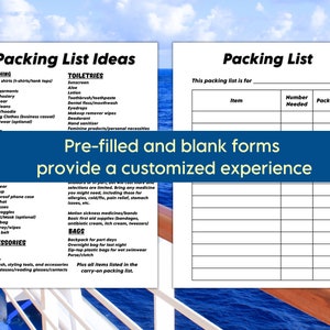 Picture of a cruise ship deck railing in the background and sample cruise packing lists in the foreground