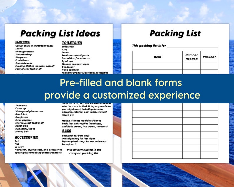 Picture of a cruise ship deck railing in the background and sample cruise packing lists in the foreground