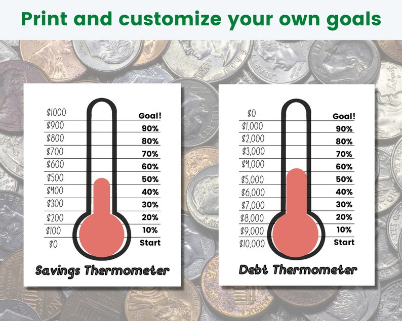 Debt Thermometer and Savings Tracker Set Your Own Financial Etsy