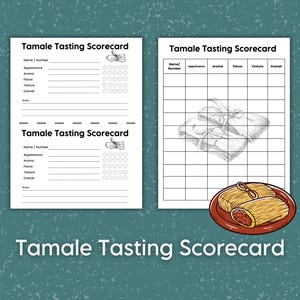 Tamale-proeverijscorekaart, Tamales-proefnotities Smaaktestscorekaart, leuk happy hour-spel of virtuele proeverij voor Cinco De Mayo-feest