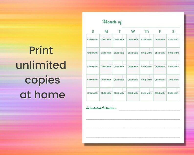 Custody Calendar Printable Keep Track of Visitation Schedule for Single ...