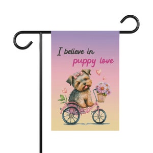 Valentine's Day I Believe in Puppy Love Garden Flag | Cute Yorkie Dog Yard Flag for Dog Mom or Dog Dad