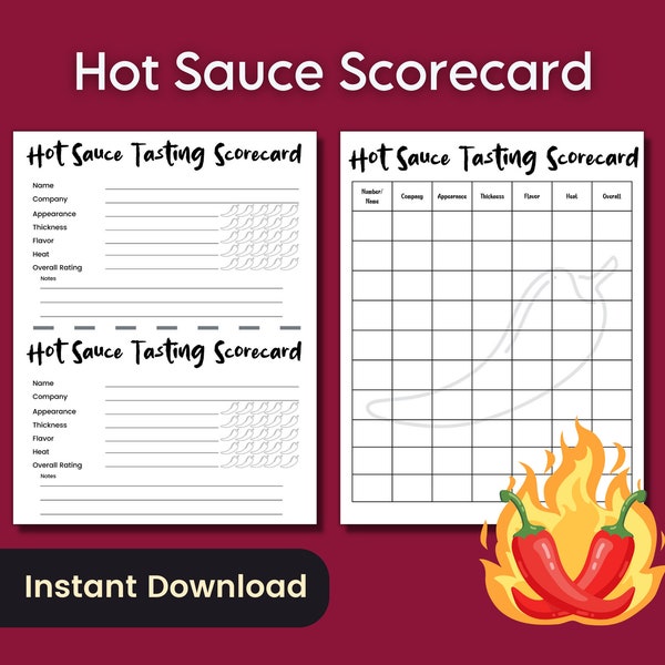 Hot Sauce Tasting Score Card, Fun Spicy Food Party Game Scoresheet to Test Your Heat Tolerance for Happy Hour or Virtual Tasting